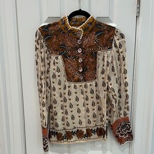 Bohemian Floral Print Long-Sleeve Peasant Top - Cream and Brown